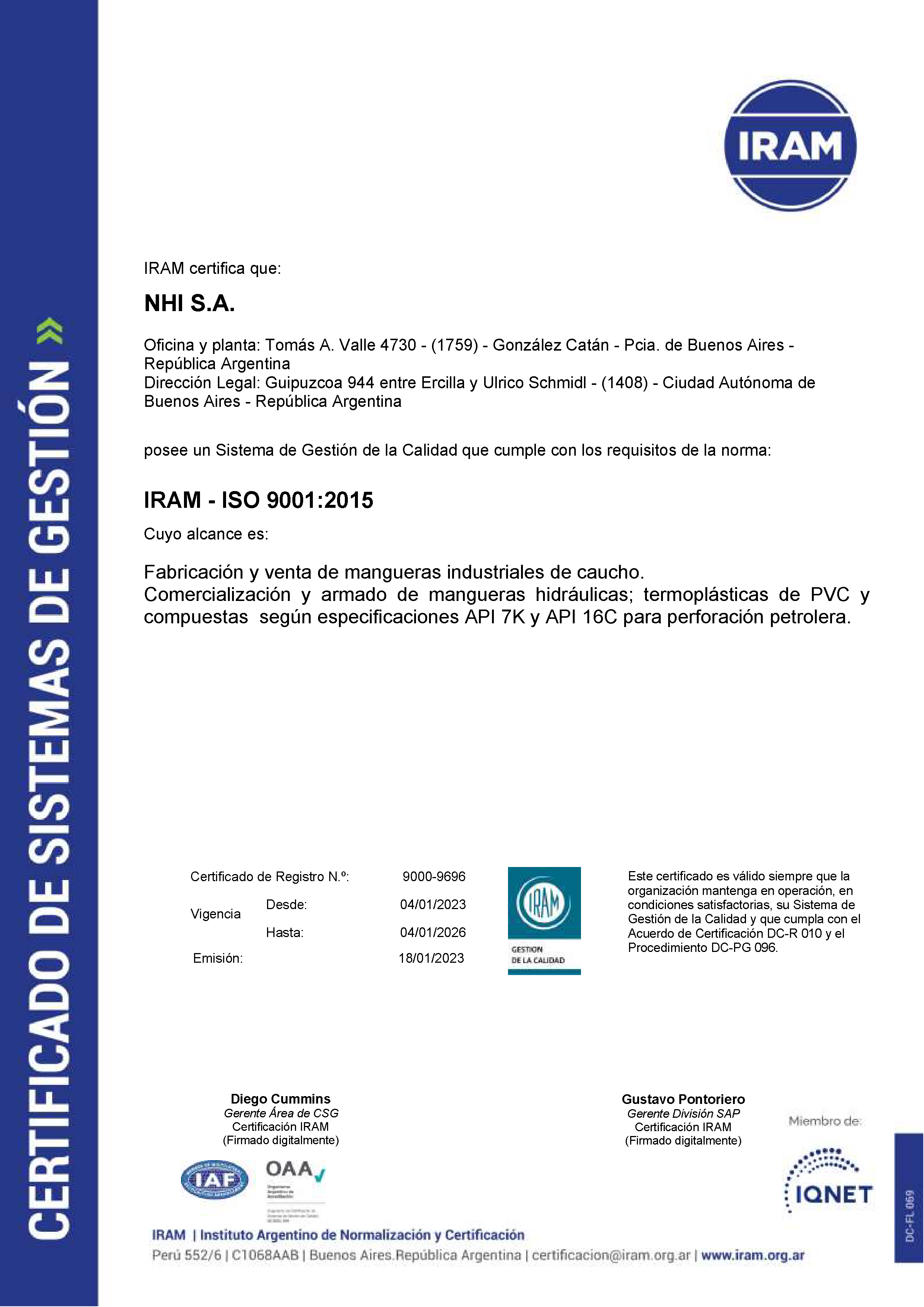 CERTIFICADO NHI S.A. - ISO 9000 IRAM 2023-2026