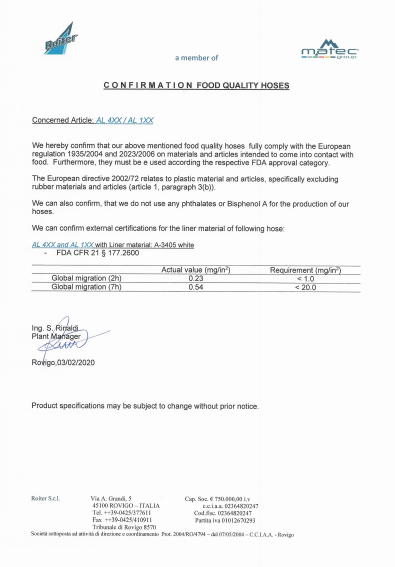 CERTIFICADO Mangueras VERONA FDA Italia Alimenticio