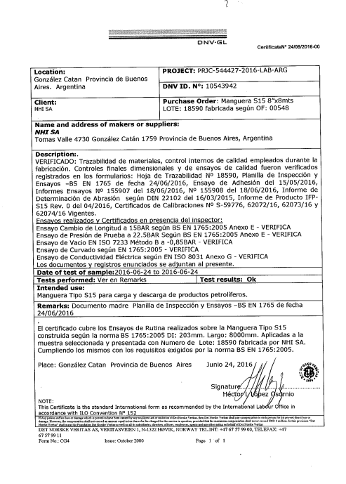 Certificado NHI S15 BS 1765 DNV